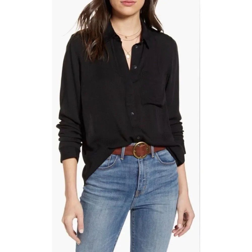 Treasure & Bond Classic Solid Black Long Sleeve Button Down Top Blouse Small